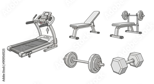 Home Gym Equipment Set: Treadmill, Bench, Barbell, Dumbbells - Fitness Illustration
