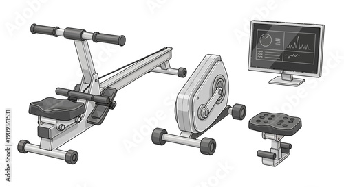 Home Gym Equipment Set: Rower, Exercise Bike, Monitor, and Seat