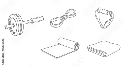 Home workout equipment set: ab roller, resistance bands, yoga mat, towel