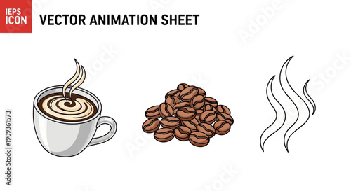 Hot Coffee Cup, Beans, and Steam - Vector Animation Elements
