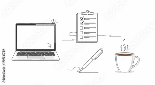 Laptop, Checklist, Pen, and Coffee: Modern Work and Productivity Concept