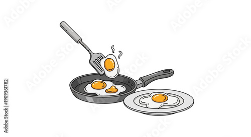 Frying Eggs in Pan, Serving Fried Egg on Plate, Breakfast Cooking, Healthy Food