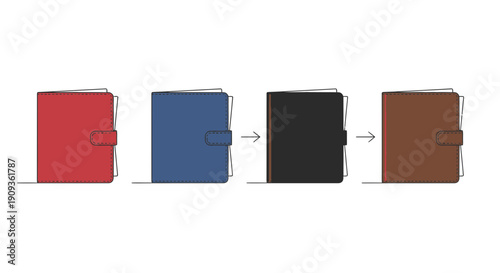 Four Wallets Lined Up: Red, Blue, Black, Brown, Showing Color Options