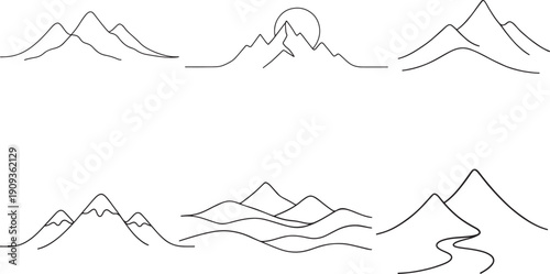 Continuous one line mountains icon set, minimalist nature and outdoor scenery vector