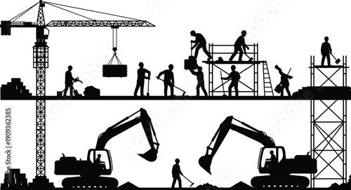 Construction Workers Silhouette Building Site Crane Excavator Industrial Engineering Development Vector Illustration Black