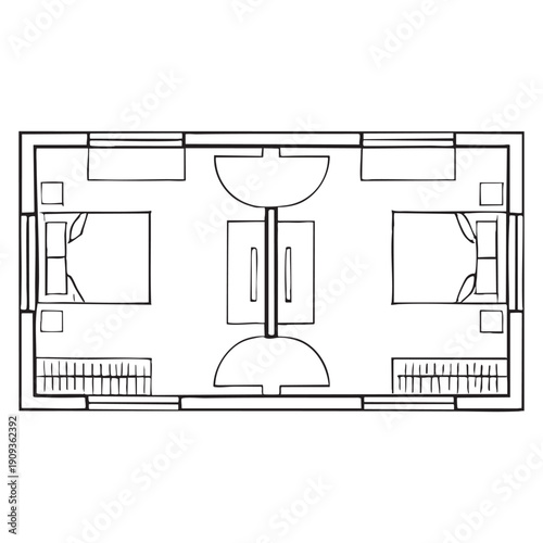 Black and white floor plan of a classroom with desks and a teacher's area