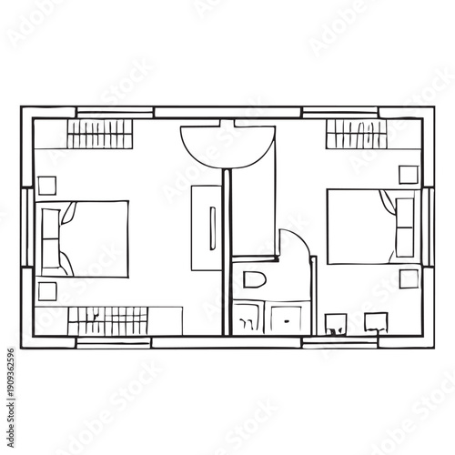 Minimal House Design Black and white floor plan of a small apartment with two bedrooms and a bathroom
