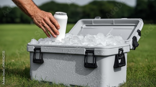 Wallpaper Mural On a bright sunny day, a hand places a chilled can into a cooler filled with ice, preparing for a fun outing in the green park, surrounded by laughter and good times Torontodigital.ca