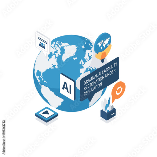Global AI capacity restoration under regulation, visualized with an earth globe, AI icon, and interactive elements.