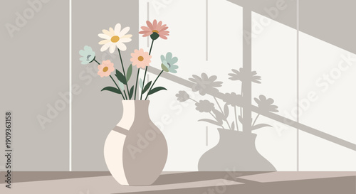 Minimalist Floral Vase with Soft Sunlight and Shadow Play