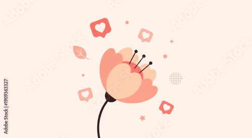 Minimalist Flower Illustration with Social Media Likes and Hearts