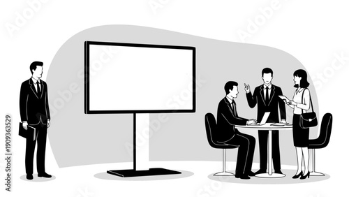 Business professionals engaged in a meeting beside a large blank display screen with a vector illustration style
