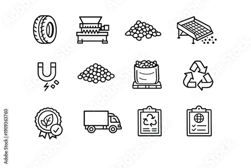 Rubber Recycling. Line outline icon set of Rubber Recycling: used tire, shredding machine,