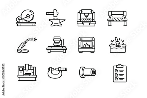 Metal Processing. Line outline icon set of Metal Processing: metal cutting saw, forging