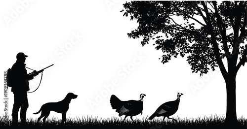 Black silhouette of hunter with gun and dog stalking wild turkeys in grassy field near tree for hunting sport design.