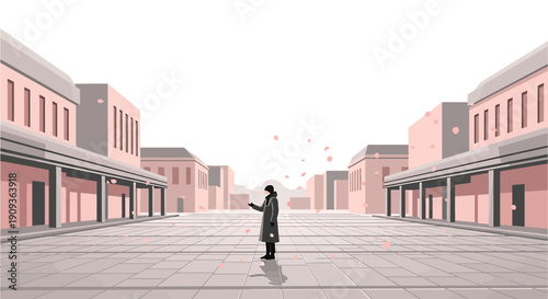 Minimalist Pixel Art Woman in Trench Coat Standing in Empty Square with Falling Petals