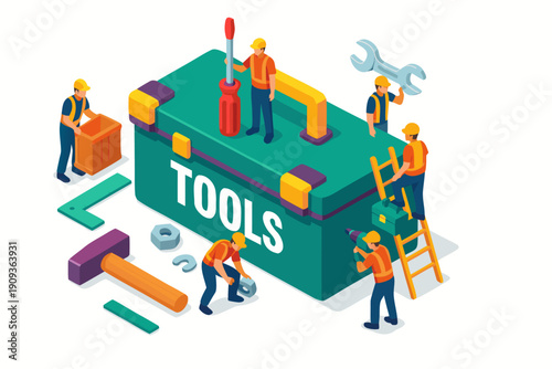 A group of construction workers using various tools from a large toolbox