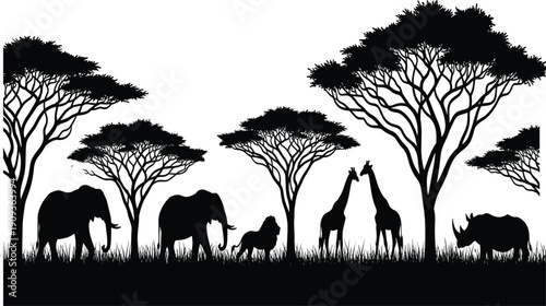 Black vector silhouette of African safari animals including elephant, lion, giraffe and rhino standing near acacia trees in nature.