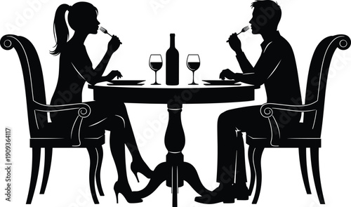 Couple Dinner Romance Silhouette Love Dating Restaurant Wine Valentine Romantic Table Chairs Elegant Relationship Illustration Black White Shadow Evening