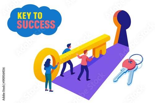 A colorful vector graphic illustration of people working together with a large key to achieve success