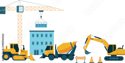 Vector Illustration Set of Heavy Construction Machinery Featuring a Crane Excavator Concrete Mixer and Bulldozer on White Background.