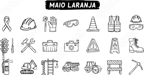 Hand-drawn Construction and Workplace Safety Icons Set. Doodle Line Art Collection of Building Tools, Equipment, and Vehicles for Industrial Safety Awareness.