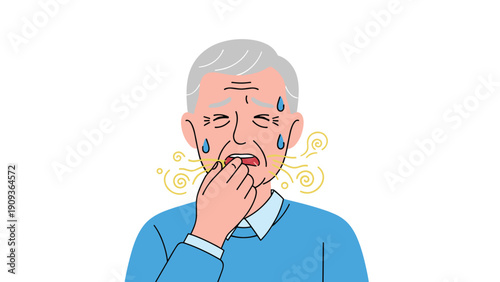 Elderly man sweating and covering his mouth with a look of distress possibly suffering from bad breath or health issues.