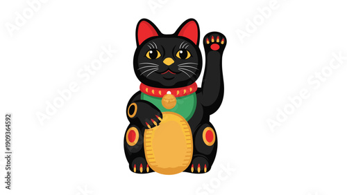 Traditional Japanese black Maneki-neko beckoning cat figurine with its paw raised and holding an oval gold coin for luck.