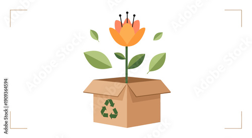 Open Cardboard Box with Blooming Flower and Green Leaves, Recycling Symbol