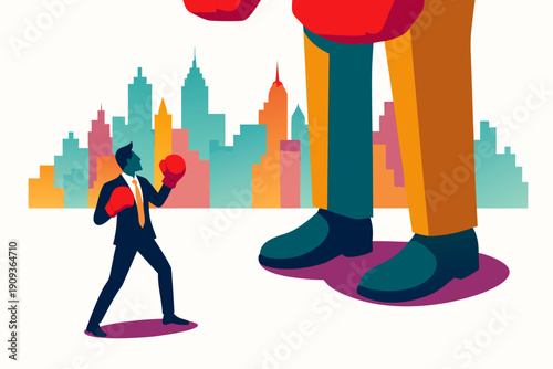 A determined businessman prepares to face a giant in the city