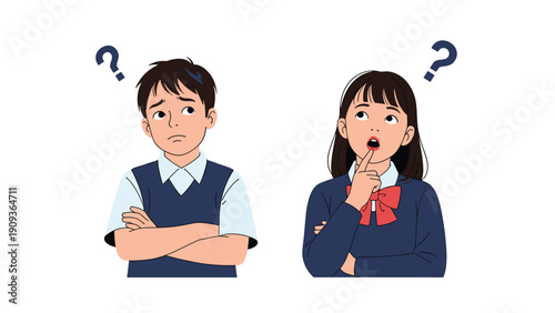 Boy and girl in school uniforms looking up with confused expressions and question marks over their heads while thinking.