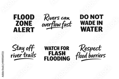 Flood safety warnings: flash flooding, river overflow, flood zone alert signs