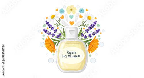 Organic Baby Massage Oil Bottle with Floral Wreath Illustration