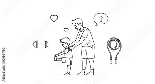 Father and son exercising together, promoting healthy lifestyle and fitness