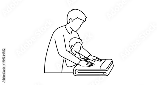 Father and son folding laundry together, domestic chores, family bonding, simple line art