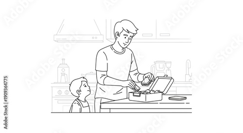 Father and son packing lunchbox together in kitchen, healthy food preparation, family bonding