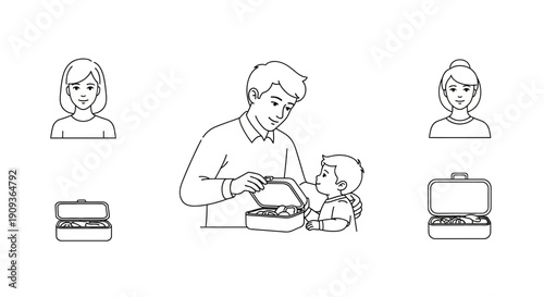Father and son packing lunchboxes with parents watching, healthy food, family meal prep