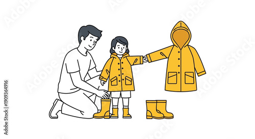 Father Dressing Child in Yellow Raincoat and Boots for Rainy Day