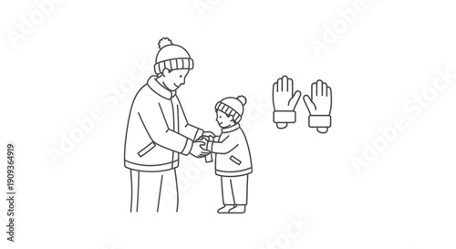 Father gives child winter gloves, preparing for cold weather, outdoor activity