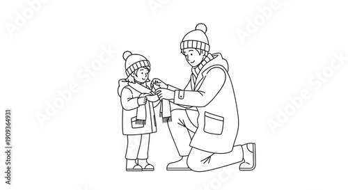 Father helping child tie scarf, winter clothing, family bonding, outdoor scene, line art illustration