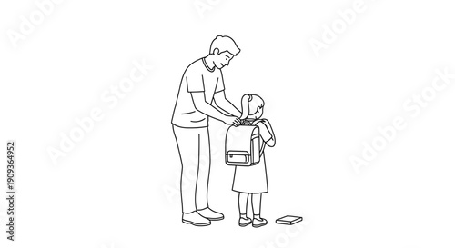 Father helping daughter with backpack, ready for school, back to school concept