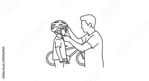 Father helping son put on bicycle helmet, preparing for bike ride, safety first