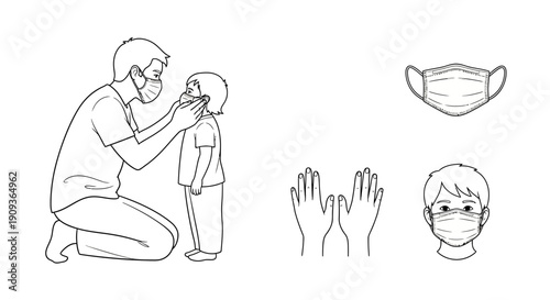 Father helps child wear face mask, illustration of mask, hands, and face