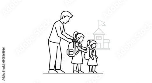 Father helping daughters with backpacks, ready for school, school building in background