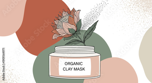 Organic Clay Mask Jar with Botanical Flower Illustration, Abstract Shapes