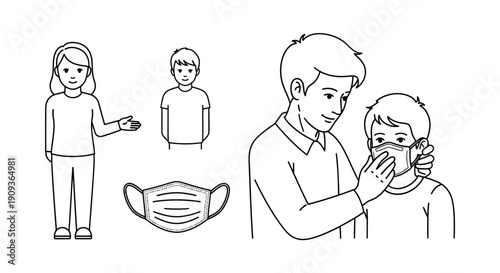 Father helps son put on face mask, family safety, protection, health, pandemic, virus prevention