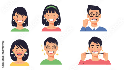Group of diverse people smiling brightly to show their healthy white teeth after proper dental care or teeth whitening.