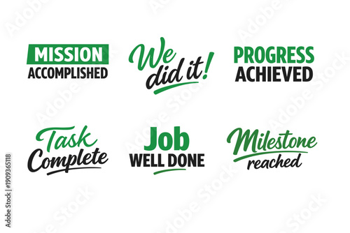 Motivational success phrases collection in green and black typography