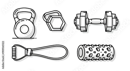 Doodle Set of Fitness Equipment: Kettlebell, Dumbbell, Foam Roller, and Massage Ball