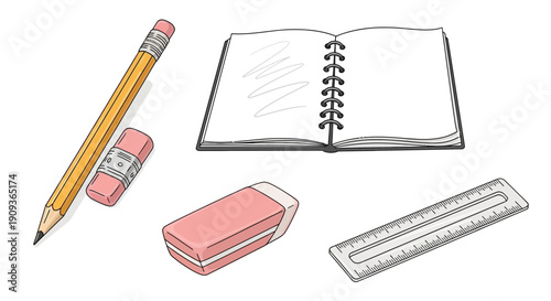 Drawing Supplies: Pencil, Erasers, Ruler, and Open Notebook Sketchpad